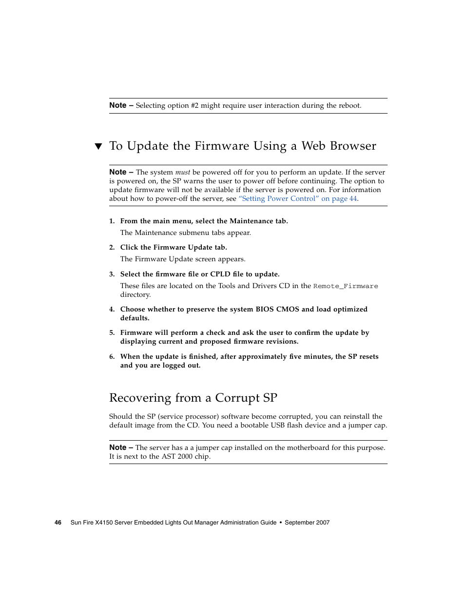 To update the firmware using a web browser, Recovering from a corrupt sp | Sun Microsystems Sun Fire X4150 User Manual | Page 62 / 150