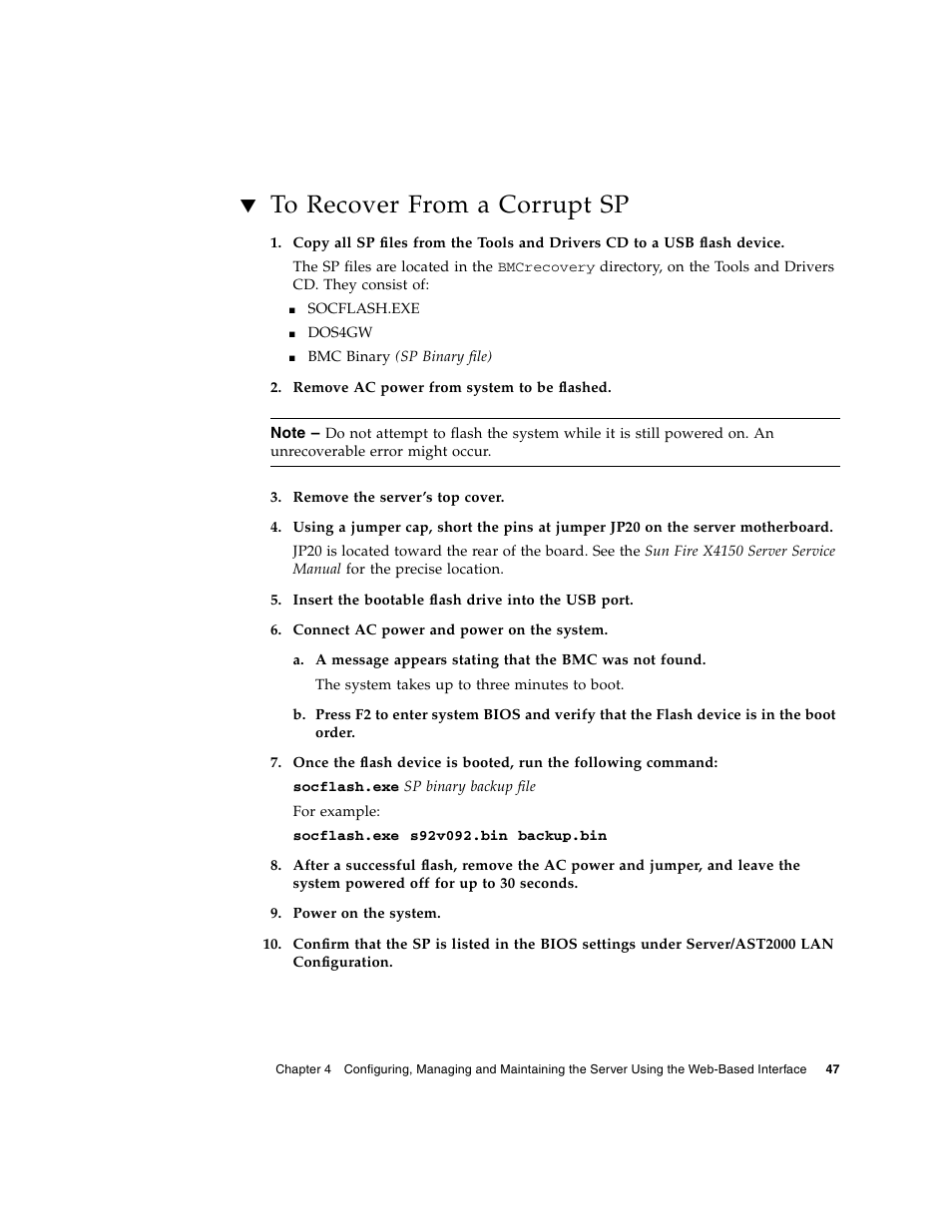 To recover from a corrupt sp | Sun Microsystems Sun Fire X4150 User Manual | Page 63 / 150