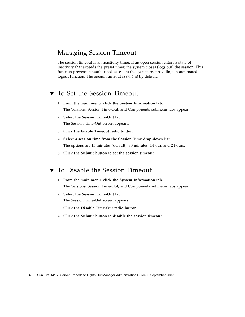 Managing session timeout, To set the session timeout, To disable the session timeout | Sun Microsystems Sun Fire X4150 User Manual | Page 64 / 150