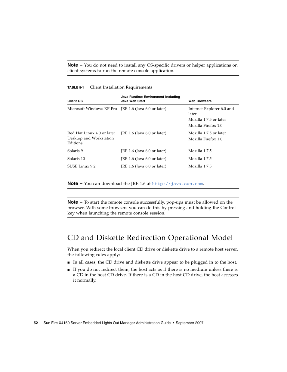 Cd and diskette redirection operational model, Table 5-1 | Sun Microsystems Sun Fire X4150 User Manual | Page 68 / 150