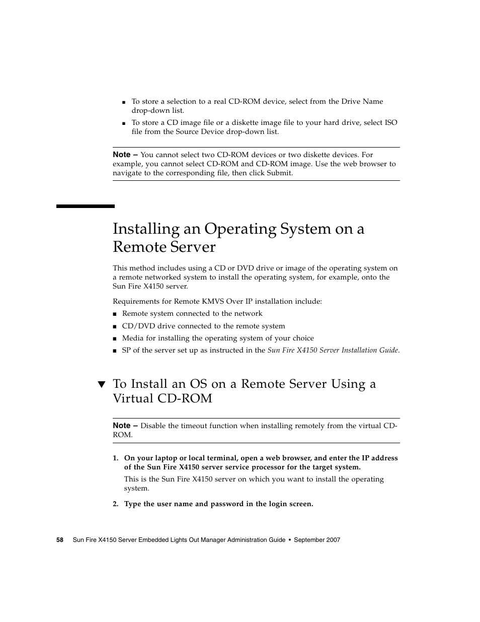 Installing an operating system on a remote server | Sun Microsystems Sun Fire X4150 User Manual | Page 74 / 150