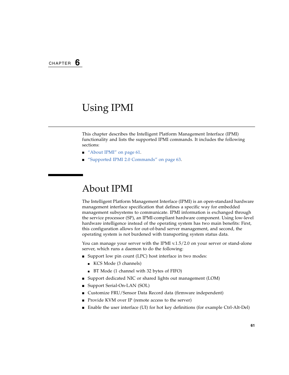 Using ipmi, About ipmi, Chapter 6 | Sun Microsystems Sun Fire X4150 User Manual | Page 77 / 150