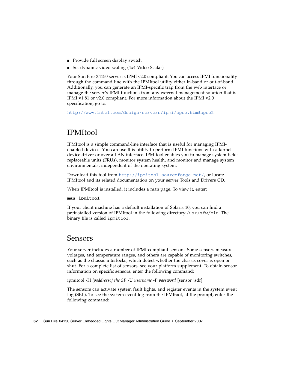 Ipmitool, Sensors | Sun Microsystems Sun Fire X4150 User Manual | Page 78 / 150