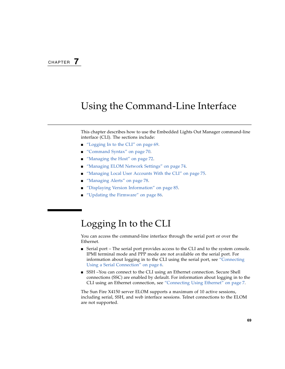 Using the command-line interface, Logging in to the cli, Chapter 7 | Sun Microsystems Sun Fire X4150 User Manual | Page 85 / 150