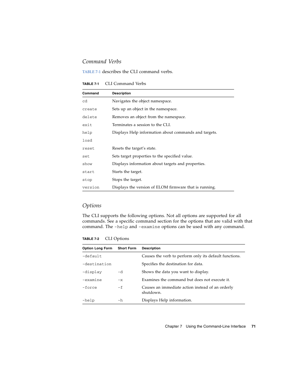 Command verbs, Options | Sun Microsystems Sun Fire X4150 User Manual | Page 87 / 150