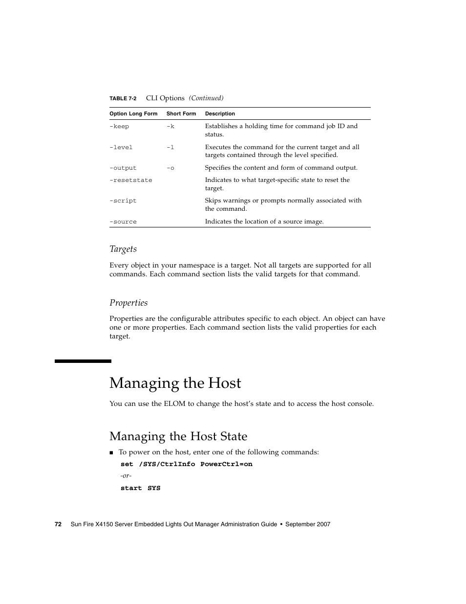 Managing the host, Managing the host state, Targets | Properties | Sun Microsystems Sun Fire X4150 User Manual | Page 88 / 150