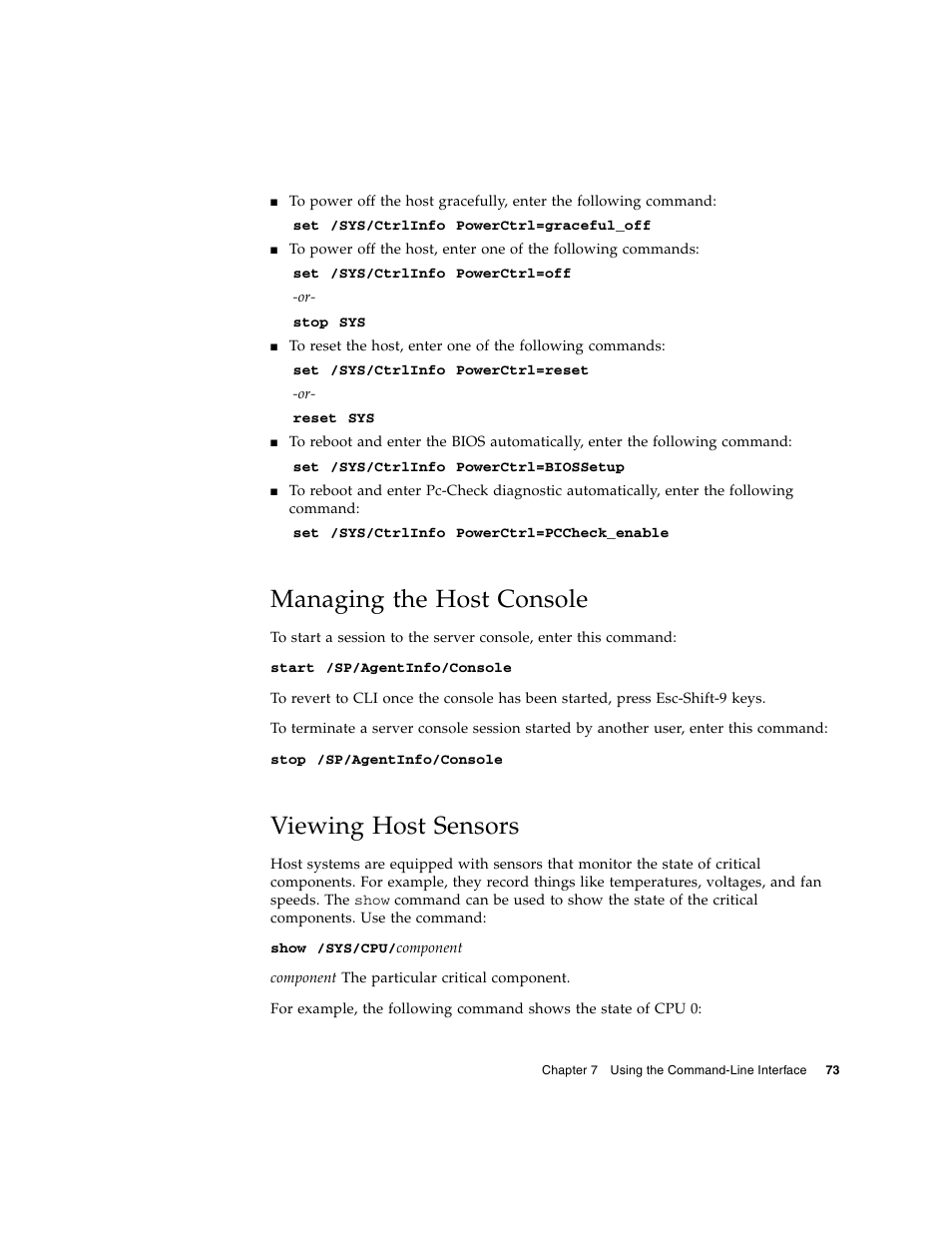 Managing the host console, Viewing host sensors | Sun Microsystems Sun Fire X4150 User Manual | Page 89 / 150