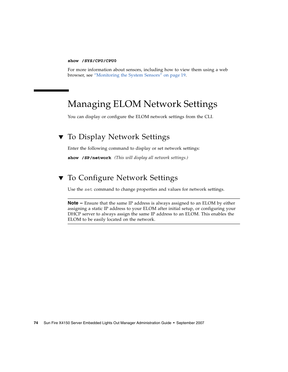 Managing elom network settings, To display network settings, To configure network settings | Sun Microsystems Sun Fire X4150 User Manual | Page 90 / 150