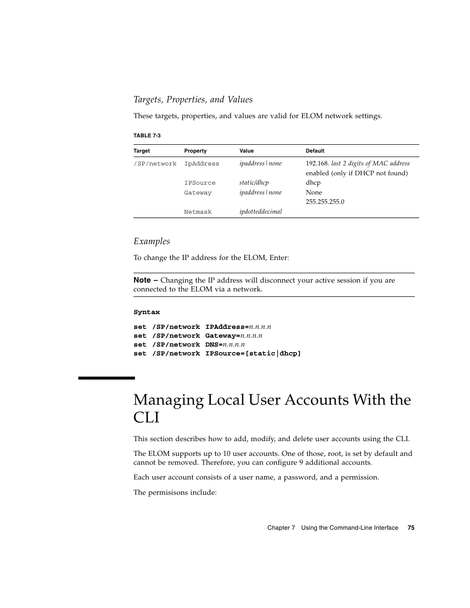 Managing local user accounts with the cli, Targets, properties, and values, Examples | Sun Microsystems Sun Fire X4150 User Manual | Page 91 / 150