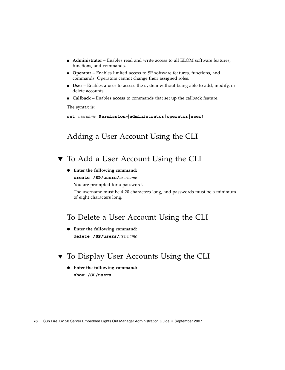 Adding a user account using the cli, To add a user account using the cli, To delete a user account using the cli | To display user accounts using the cli | Sun Microsystems Sun Fire X4150 User Manual | Page 92 / 150