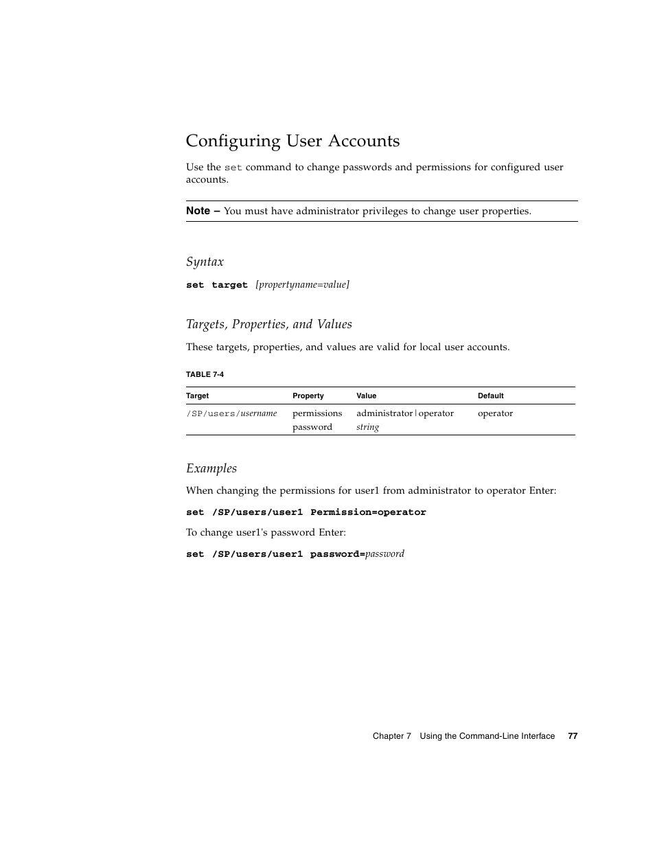 Configuring user accounts, Syntax, Targets, properties, and values | Examples | Sun Microsystems Sun Fire X4150 User Manual | Page 93 / 150