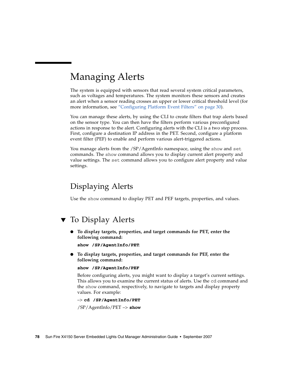 Managing alerts, Displaying alerts, To display alerts | Sun Microsystems Sun Fire X4150 User Manual | Page 94 / 150