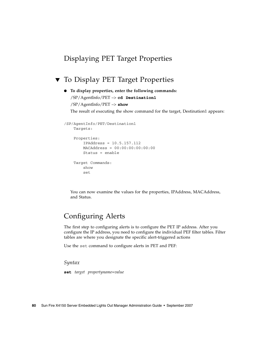 Displaying pet target properties, To display pet target properties, Configuring alerts | Sun Microsystems Sun Fire X4150 User Manual | Page 96 / 150