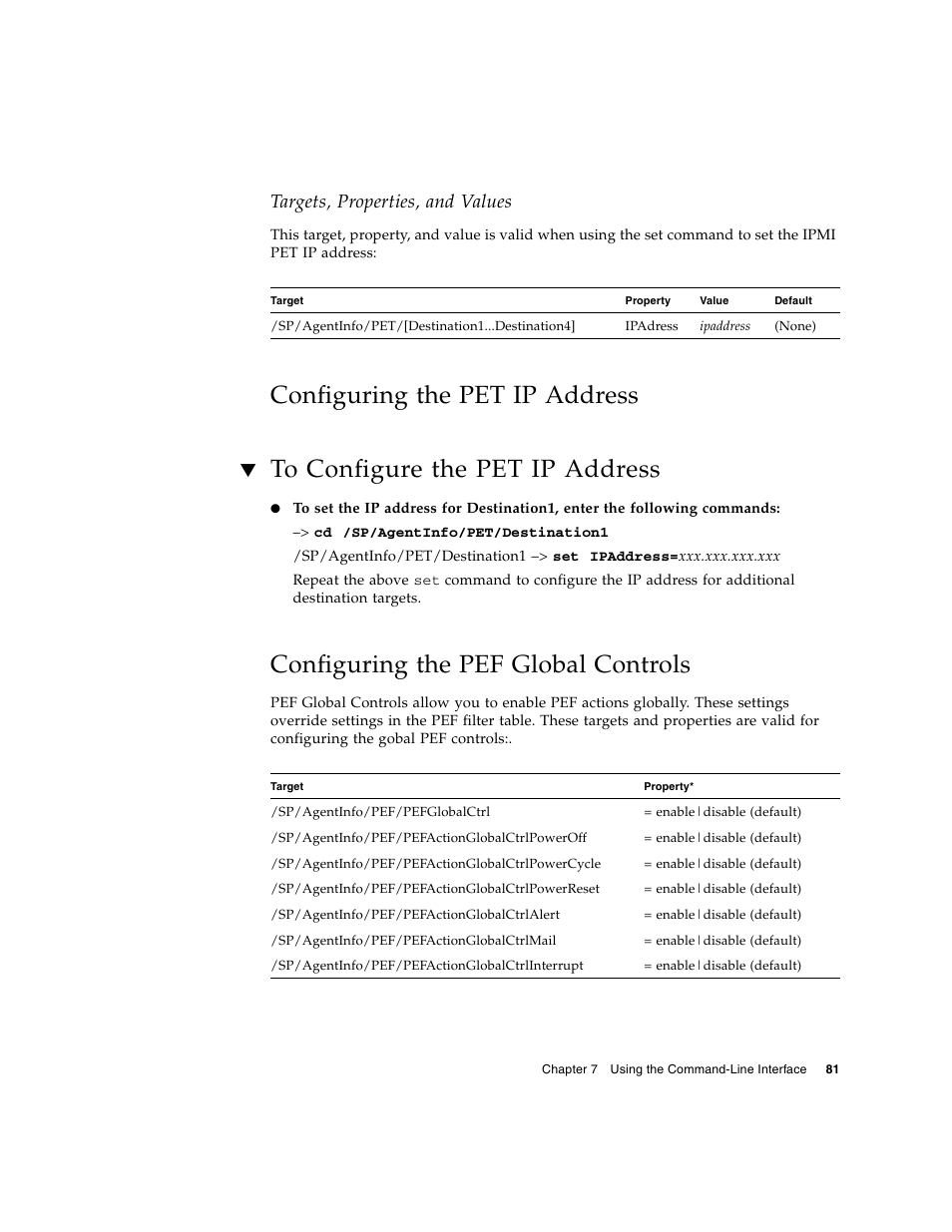 Configuring the pet ip address, To configure the pet ip address, Configuring the pef global controls | Targets, properties, and values | Sun Microsystems Sun Fire X4150 User Manual | Page 97 / 150