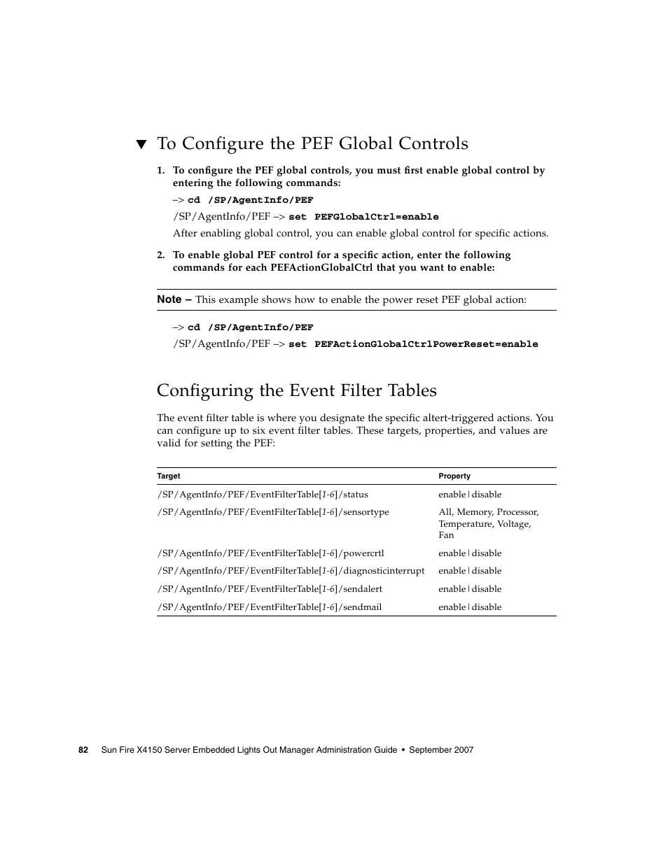 To configure the pef global controls, Configuring the event filter tables | Sun Microsystems Sun Fire X4150 User Manual | Page 98 / 150