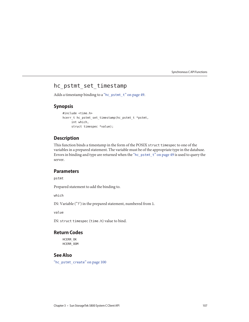 Hc_pstmt_set_timestamp, Synopsis, Description | Parameters, Return codes, See also | Sun Microsystems Sun StorageTek 5800 User Manual | Page 107 / 136