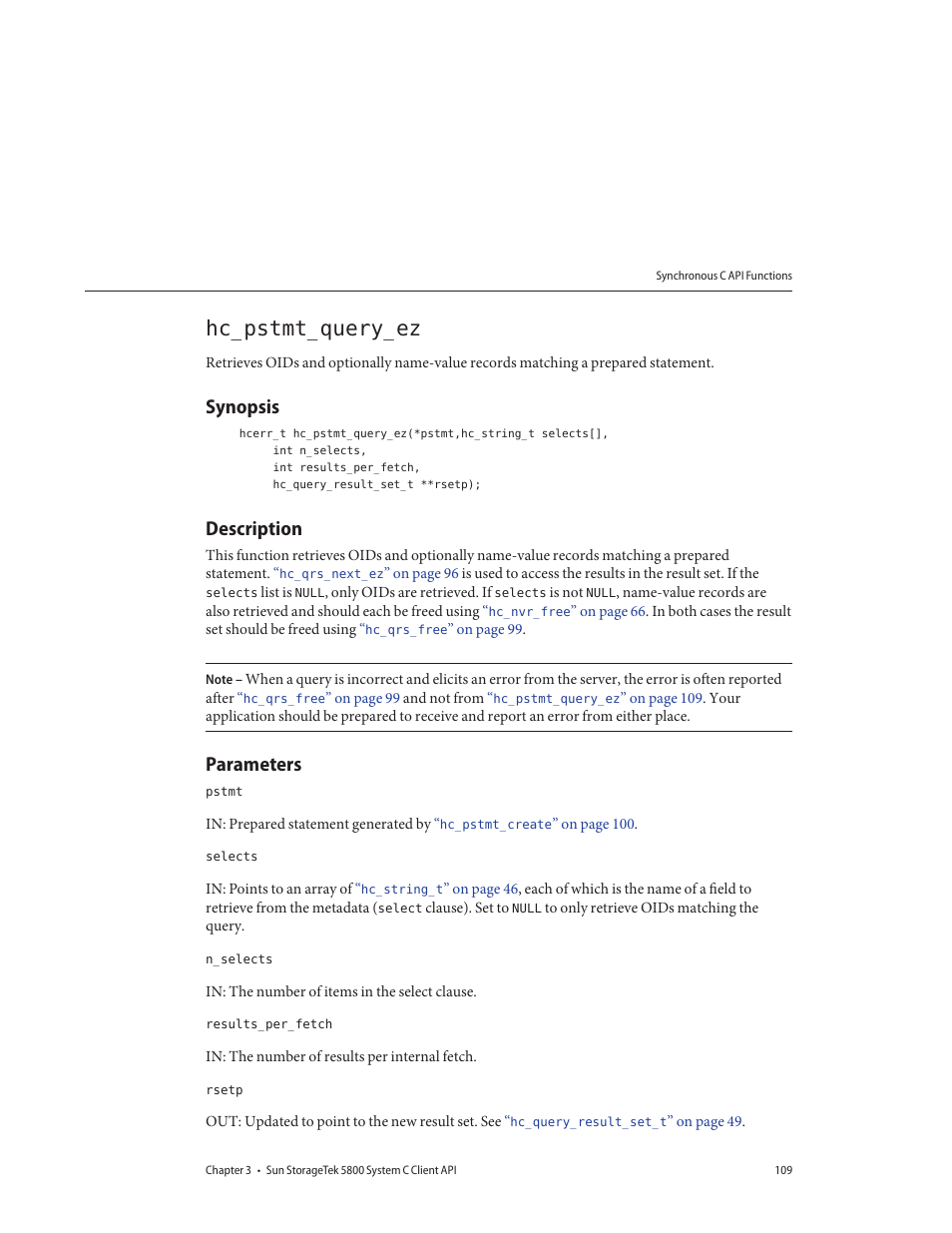 Hc_pstmt_query_ez, Synopsis, Description | Parameters | Sun Microsystems Sun StorageTek 5800 User Manual | Page 109 / 136