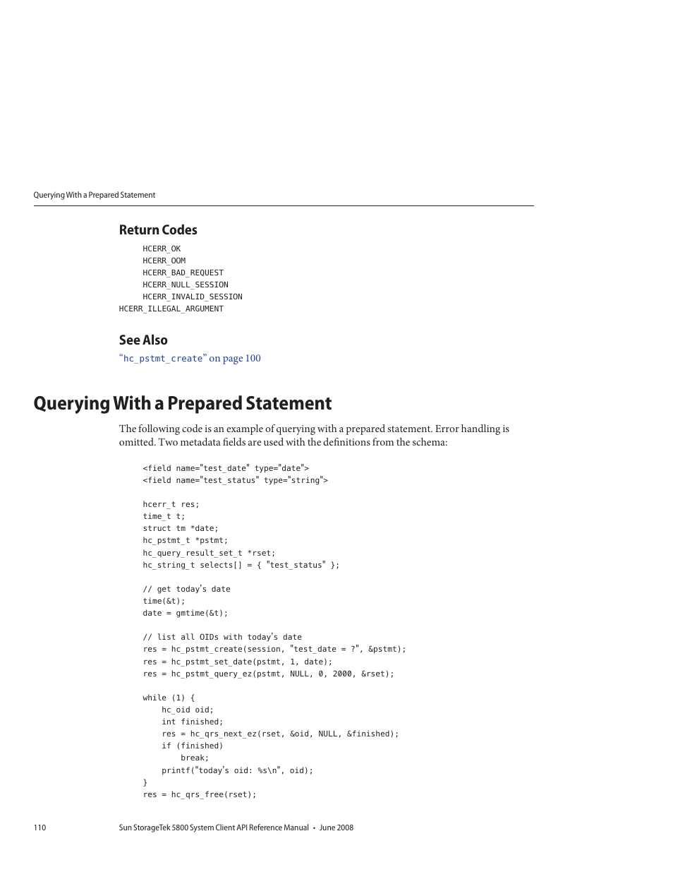 Return codes, See also, Querying with a prepared statement | Sun Microsystems Sun StorageTek 5800 User Manual | Page 110 / 136