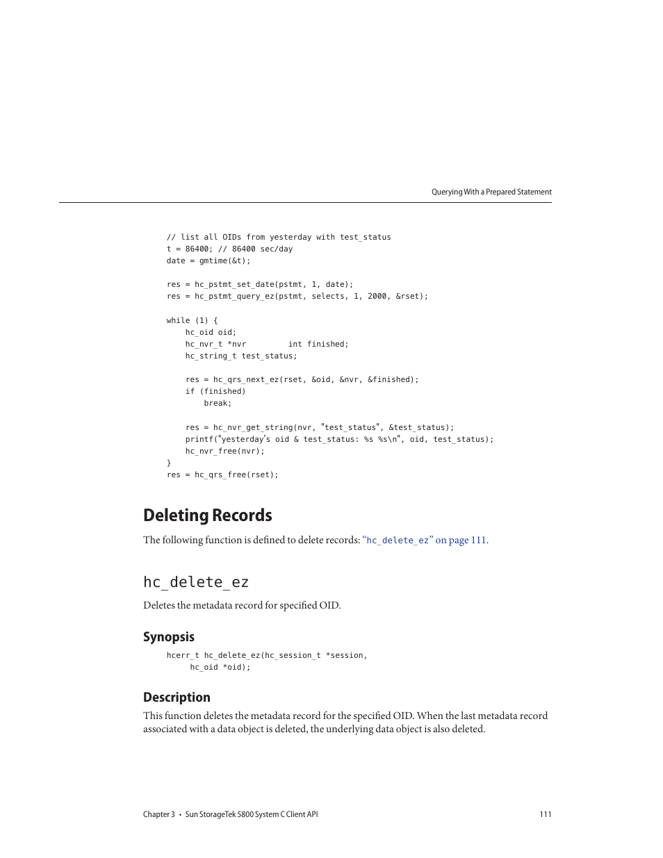 Deleting records, Hc_delete_ez, Synopsis | Description | Sun Microsystems Sun StorageTek 5800 User Manual | Page 111 / 136