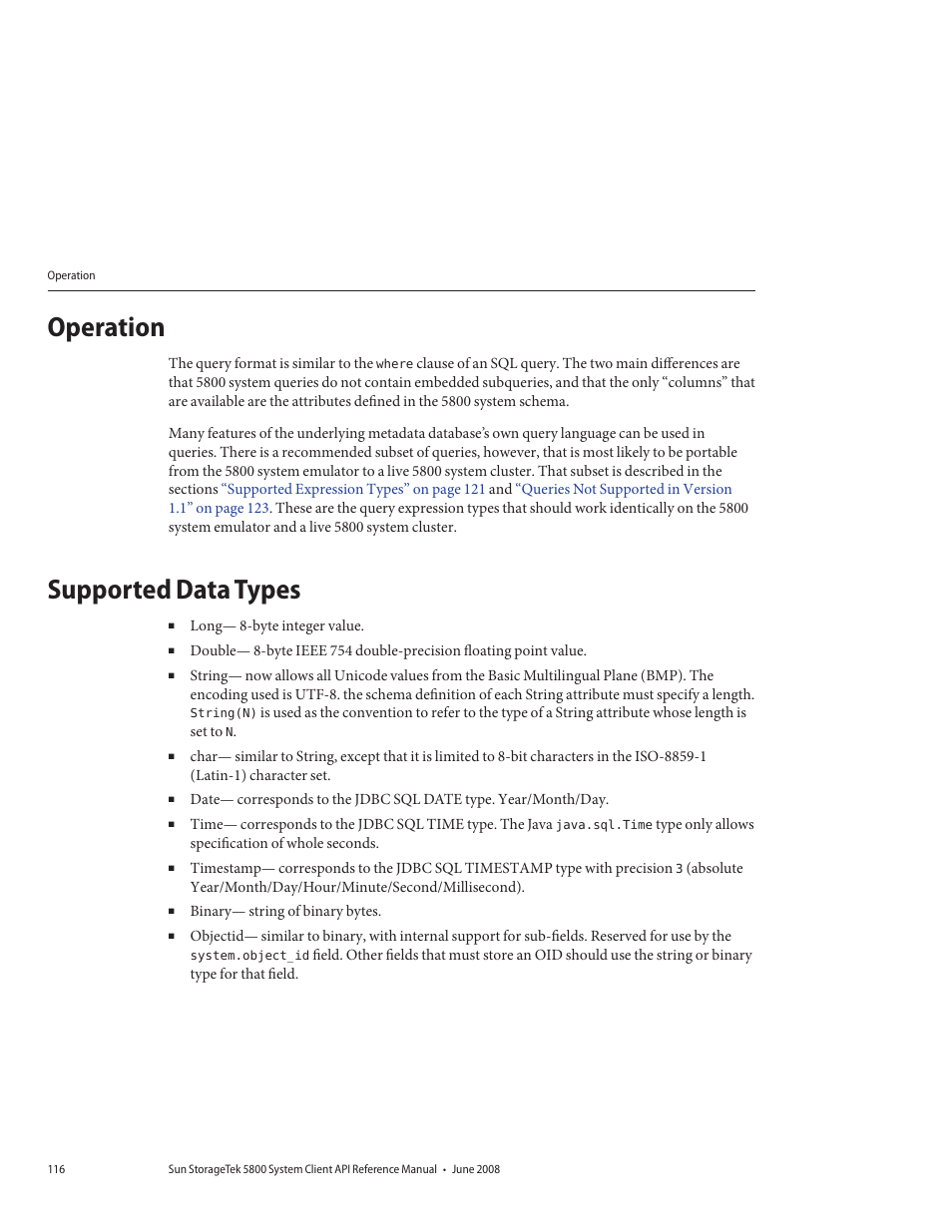 Operation, Supported data types | Sun Microsystems Sun StorageTek 5800 User Manual | Page 116 / 136