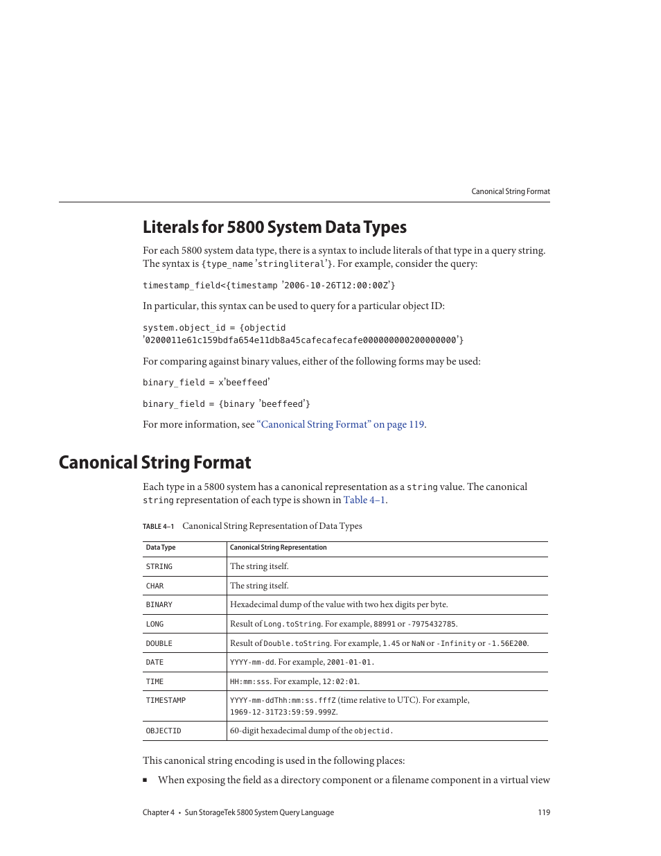 Literals for 5800 system data types, Canonical string format | Sun Microsystems Sun StorageTek 5800 User Manual | Page 119 / 136