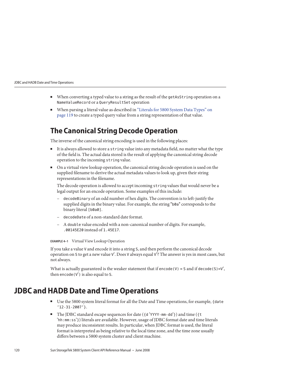 The canonical string decode operation, Jdbc and hadb date and time operations | Sun Microsystems Sun StorageTek 5800 User Manual | Page 120 / 136