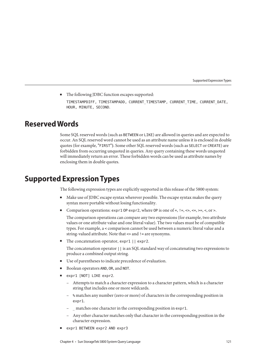 Reserved words, Supported expression types | Sun Microsystems Sun StorageTek 5800 User Manual | Page 121 / 136