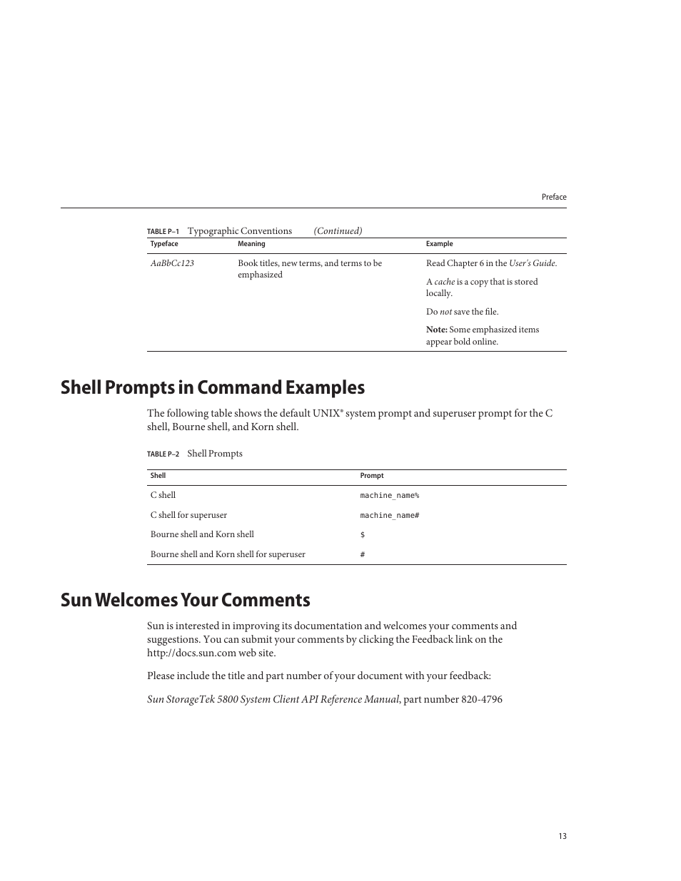 Shell prompts in command examples, Sun welcomes your comments | Sun Microsystems Sun StorageTek 5800 User Manual | Page 13 / 136