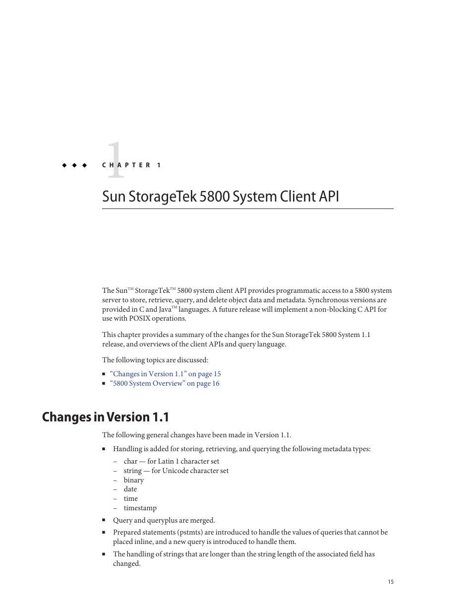 Sun storagetek 5800 system client api, Changes in version 1.1, Chapter 1, “sun storagetek 5800 system client api | Sun Microsystems Sun StorageTek 5800 User Manual | Page 15 / 136