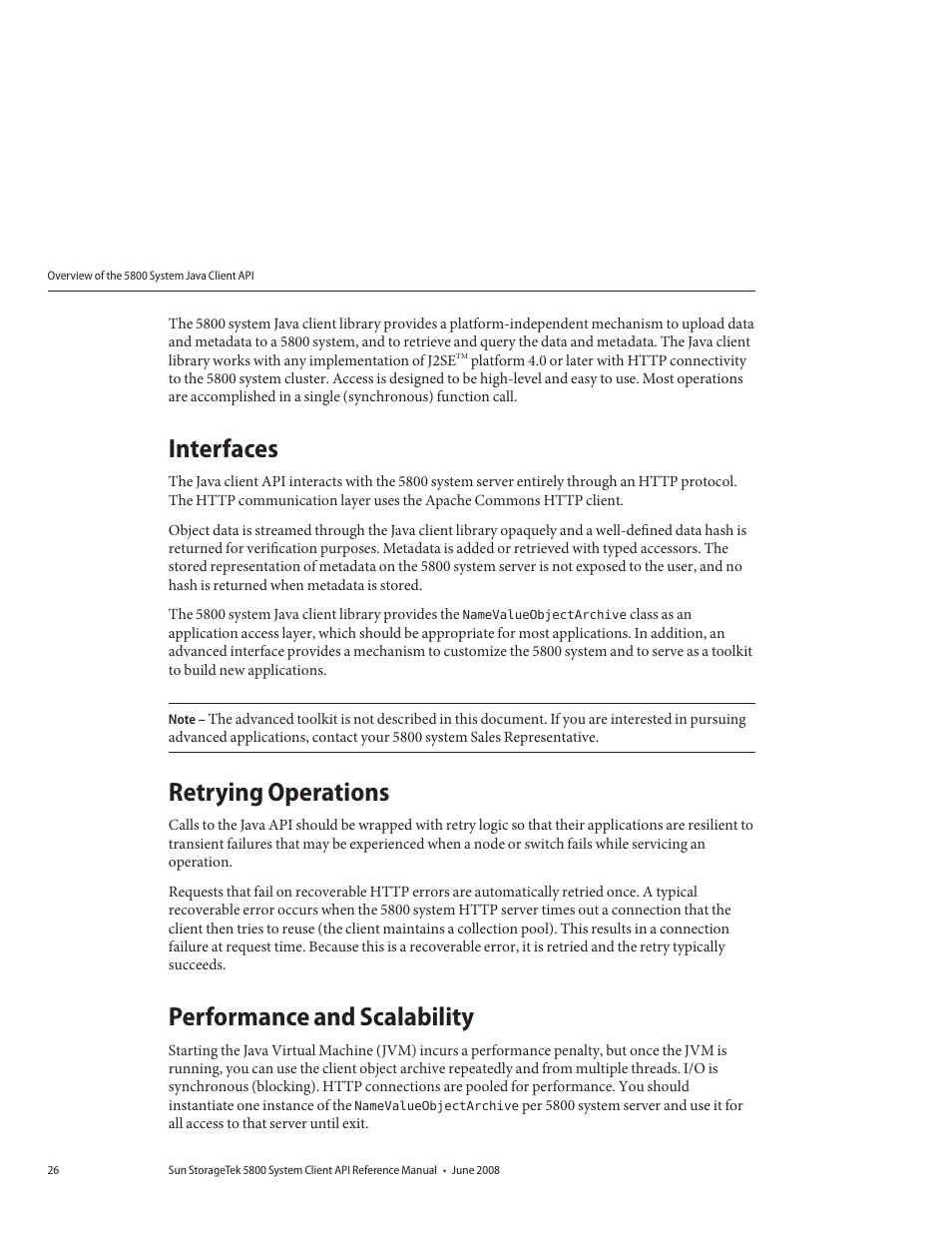 Interfaces, Retrying operations, Performance and scalability | Sun Microsystems Sun StorageTek 5800 User Manual | Page 26 / 136