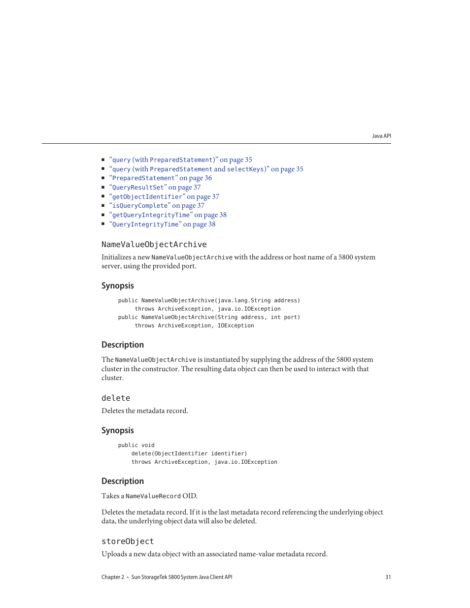 Namevalueobjectarchive, Synopsis, Description | Delete, Storeobject | Sun Microsystems Sun StorageTek 5800 User Manual | Page 31 / 136