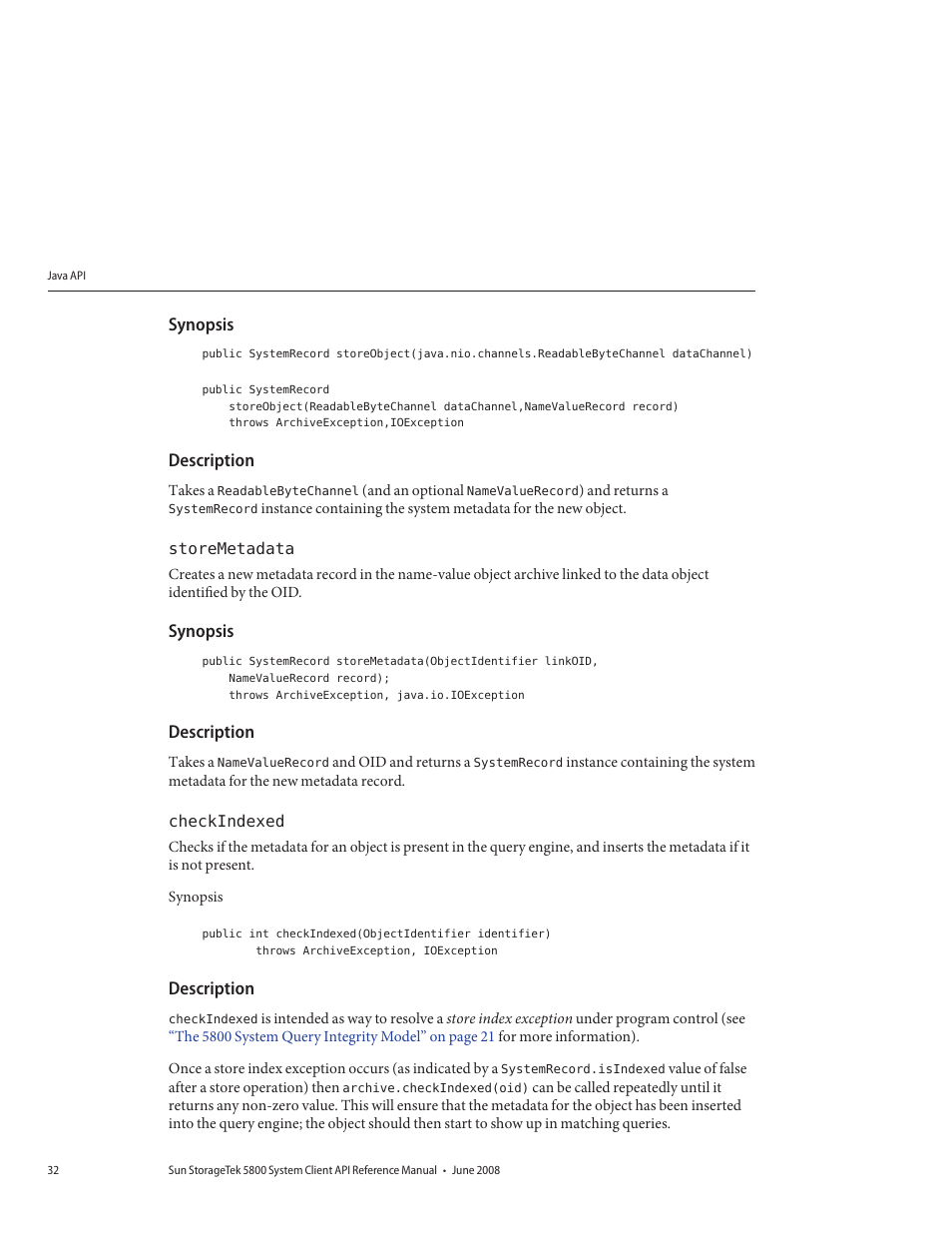 Synopsis, Description, Storemetadata | Checkindexed | Sun Microsystems Sun StorageTek 5800 User Manual | Page 32 / 136