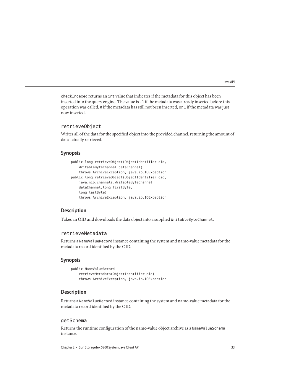 Retrieveobject, Synopsis, Description | Retrievemetadata, Getschema | Sun Microsystems Sun StorageTek 5800 User Manual | Page 33 / 136