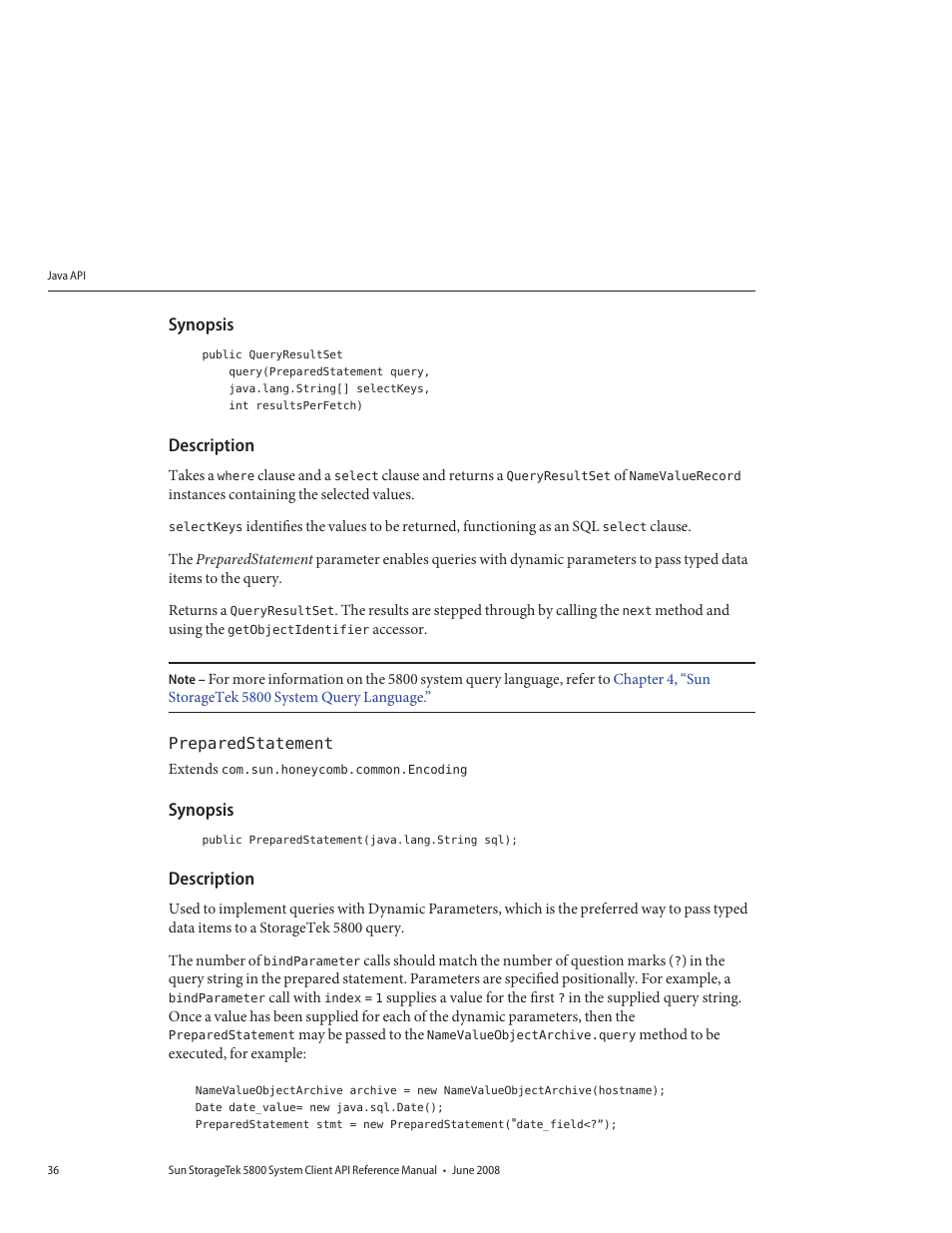 Synopsis, Description, Preparedstatement | Sun Microsystems Sun StorageTek 5800 User Manual | Page 36 / 136