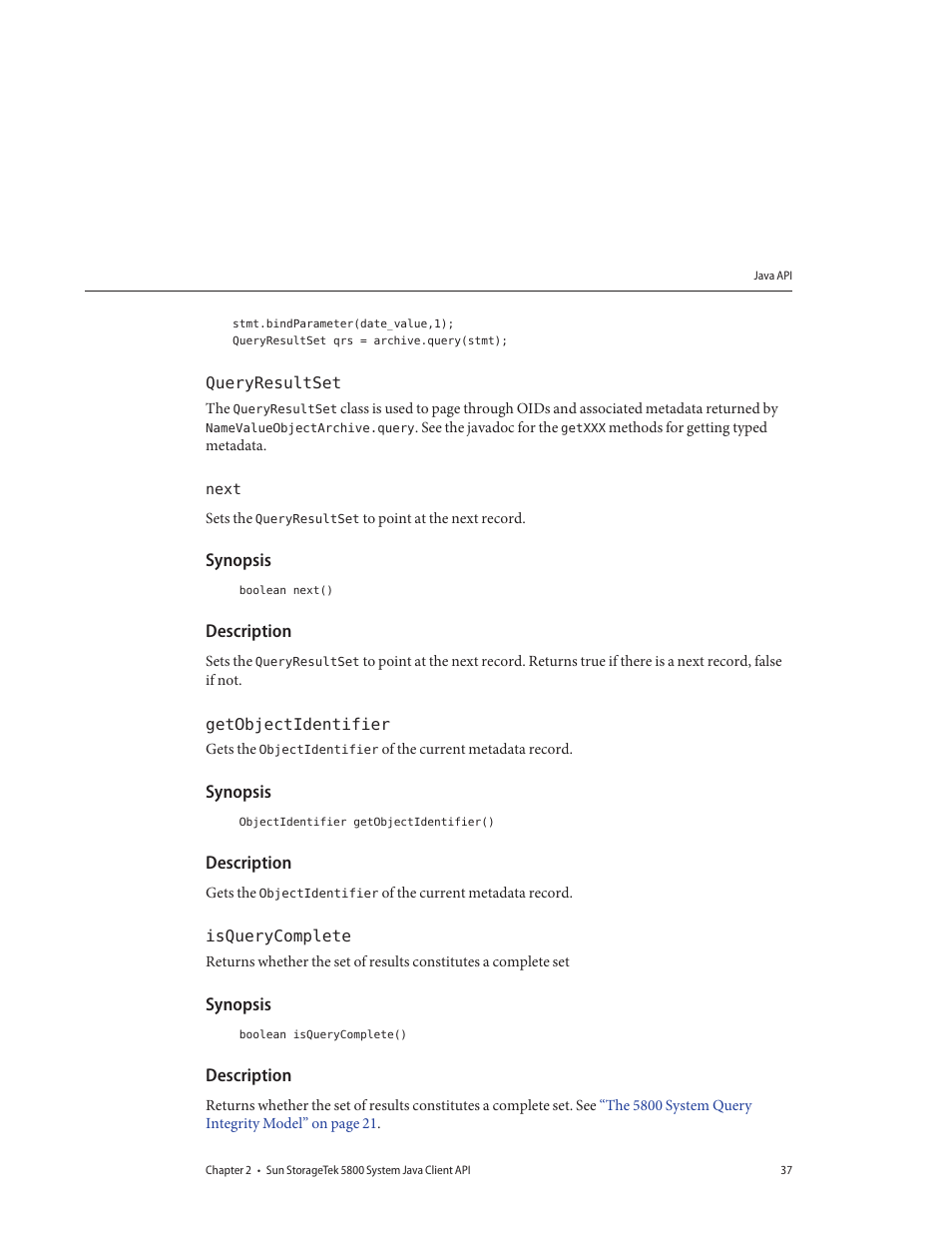 Queryresultset, Next, Synopsis | Description, Getobjectidentifier, Isquerycomplete | Sun Microsystems Sun StorageTek 5800 User Manual | Page 37 / 136