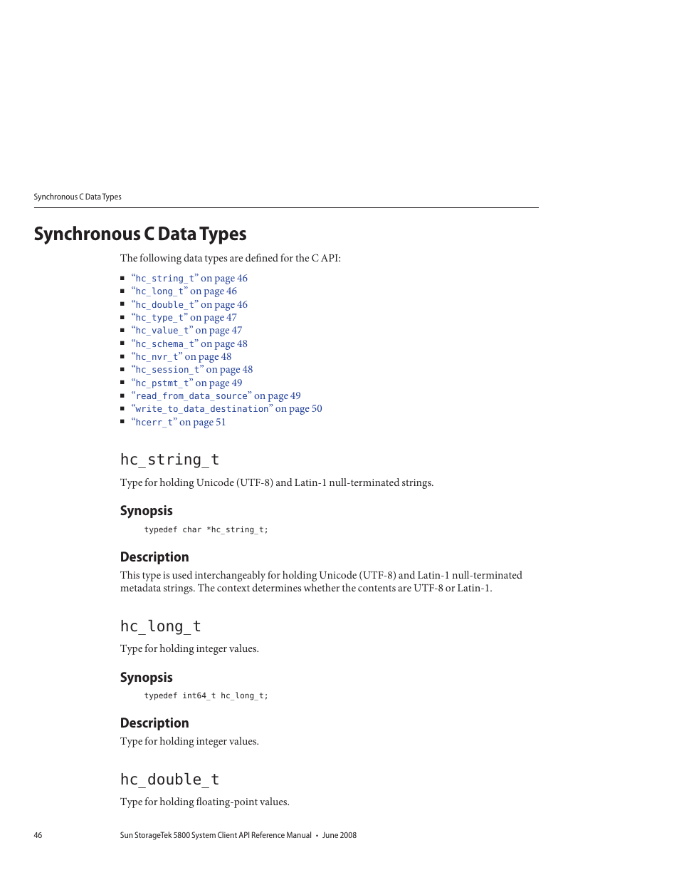 Synchronous c data types, Hc_string_t, Synopsis | Description, Hc_long_t, Hc_double_t | Sun Microsystems Sun StorageTek 5800 User Manual | Page 46 / 136