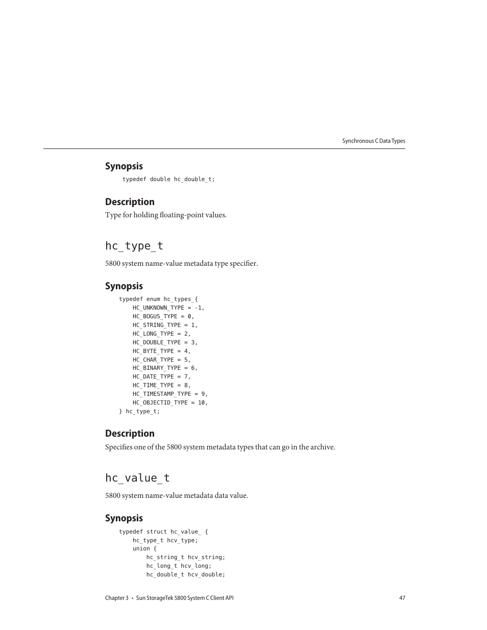 Synopsis, Description, Hc_type_t | Hc_value_t | Sun Microsystems Sun StorageTek 5800 User Manual | Page 47 / 136