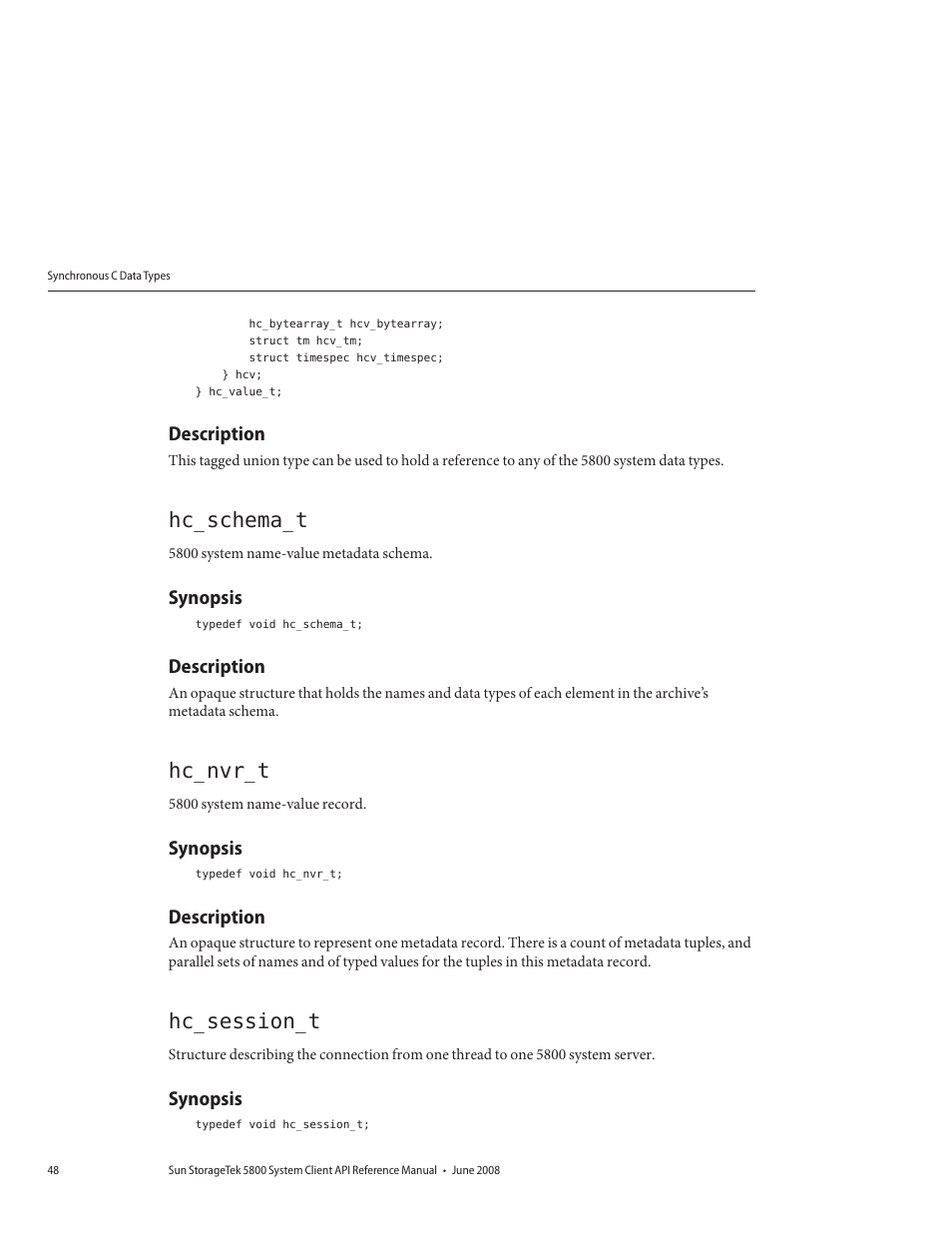 Description, Hc_schema_t, Synopsis | Hc_nvr_t, Hc_session_t | Sun Microsystems Sun StorageTek 5800 User Manual | Page 48 / 136