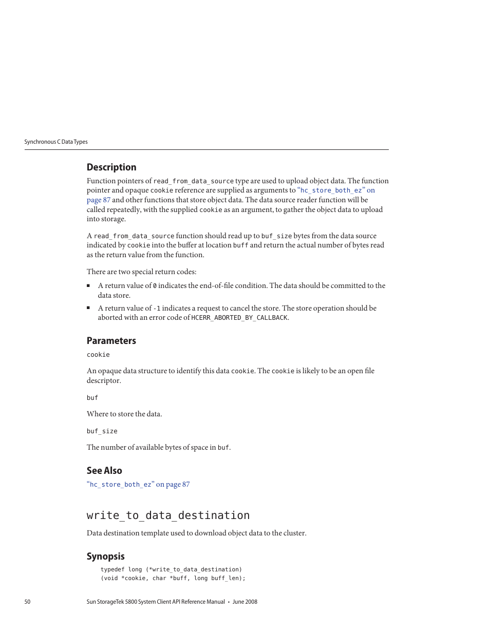 Description, Parameters, See also | Write_to_data_destination, Synopsis | Sun Microsystems Sun StorageTek 5800 User Manual | Page 50 / 136