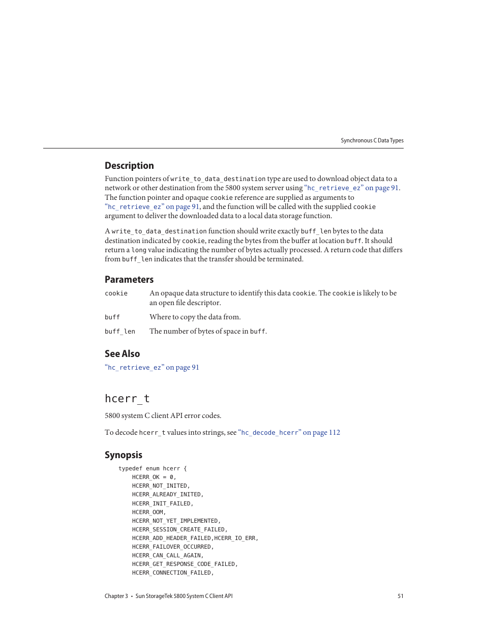 Description, Parameters, See also | Hcerr_t, Synopsis | Sun Microsystems Sun StorageTek 5800 User Manual | Page 51 / 136