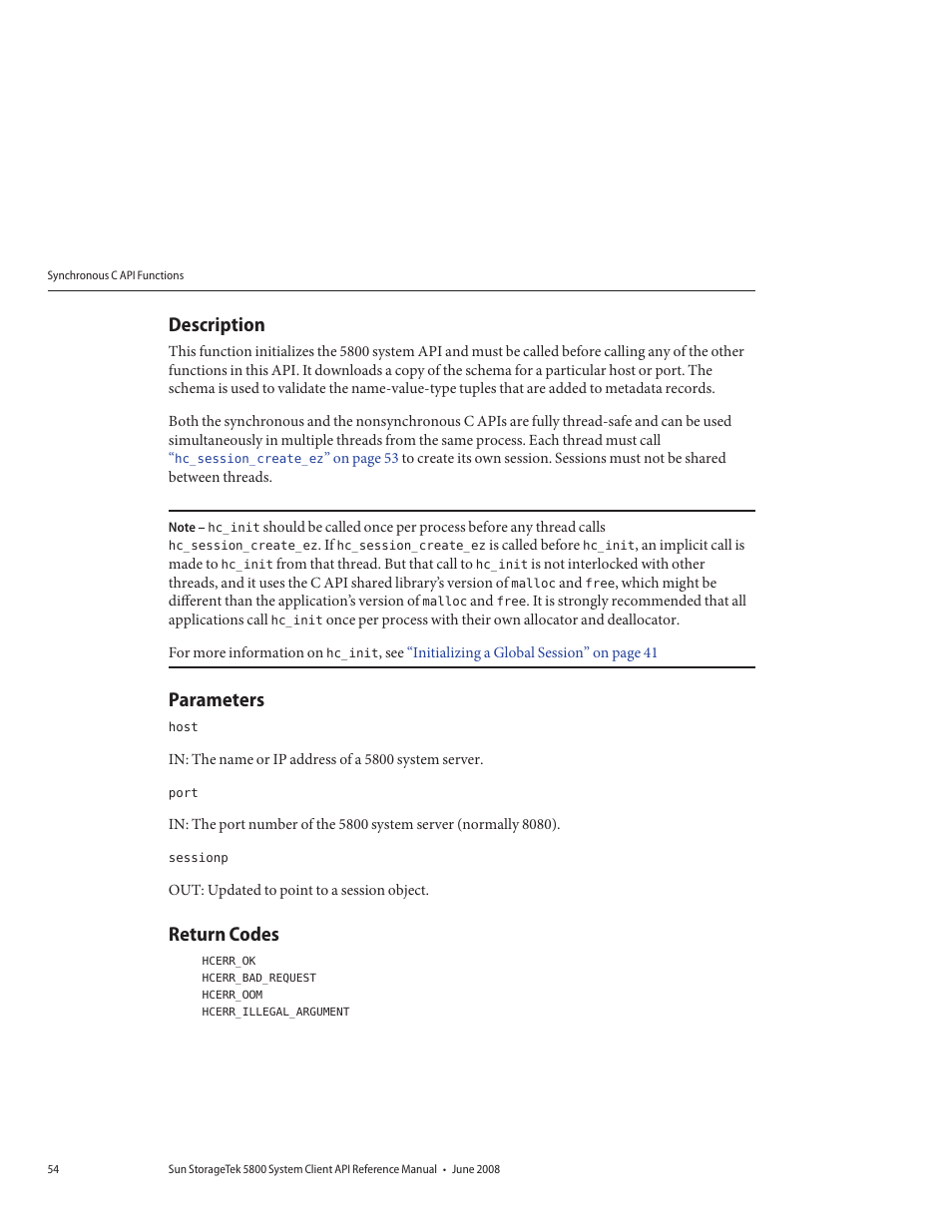 Description, Parameters, Return codes | Sun Microsystems Sun StorageTek 5800 User Manual | Page 54 / 136