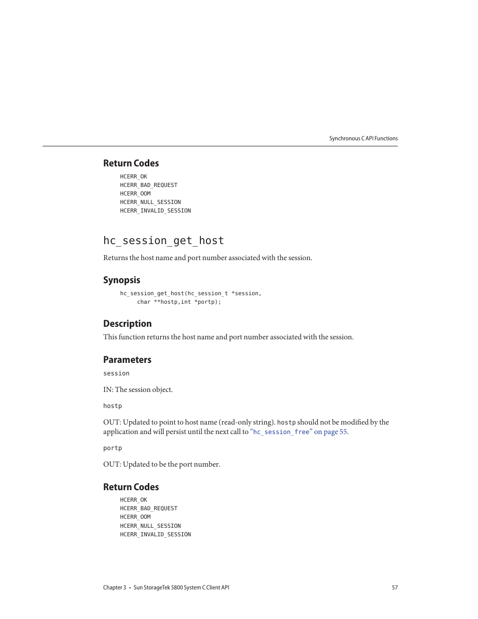 Return codes, Hc_session_get_host, Synopsis | Description, Parameters | Sun Microsystems Sun StorageTek 5800 User Manual | Page 57 / 136