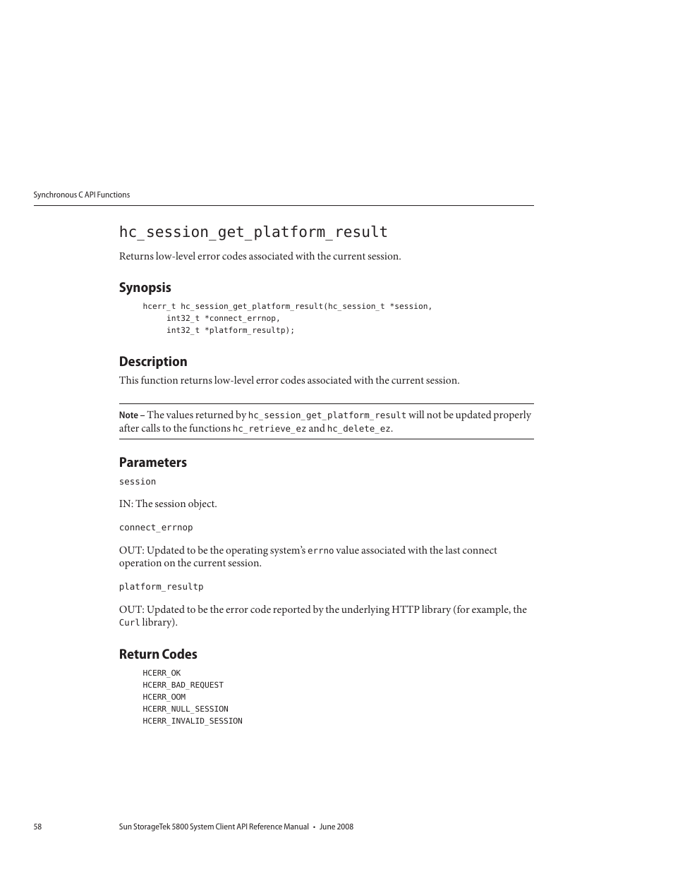 Hc_session_get_platform_result, Synopsis, Description | Parameters, Return codes | Sun Microsystems Sun StorageTek 5800 User Manual | Page 58 / 136