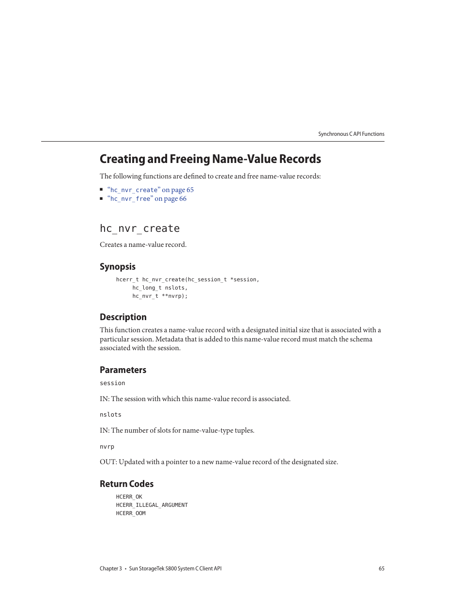 Creating and freeing name-value records, Hc_nvr_create, Synopsis | Description, Parameters, Return codes | Sun Microsystems Sun StorageTek 5800 User Manual | Page 65 / 136