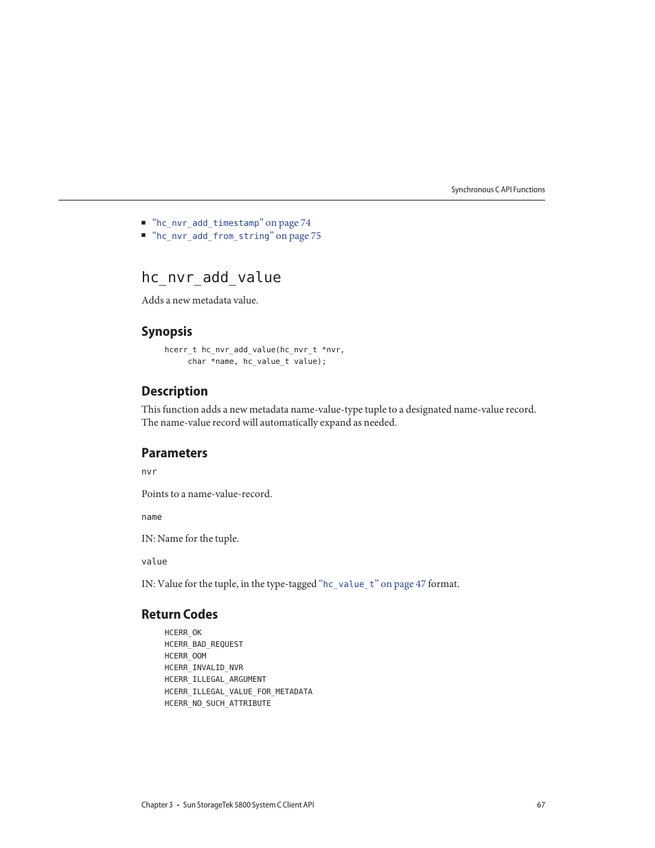 Hc_nvr_add_value, Synopsis, Description | Parameters, Return codes | Sun Microsystems Sun StorageTek 5800 User Manual | Page 67 / 136