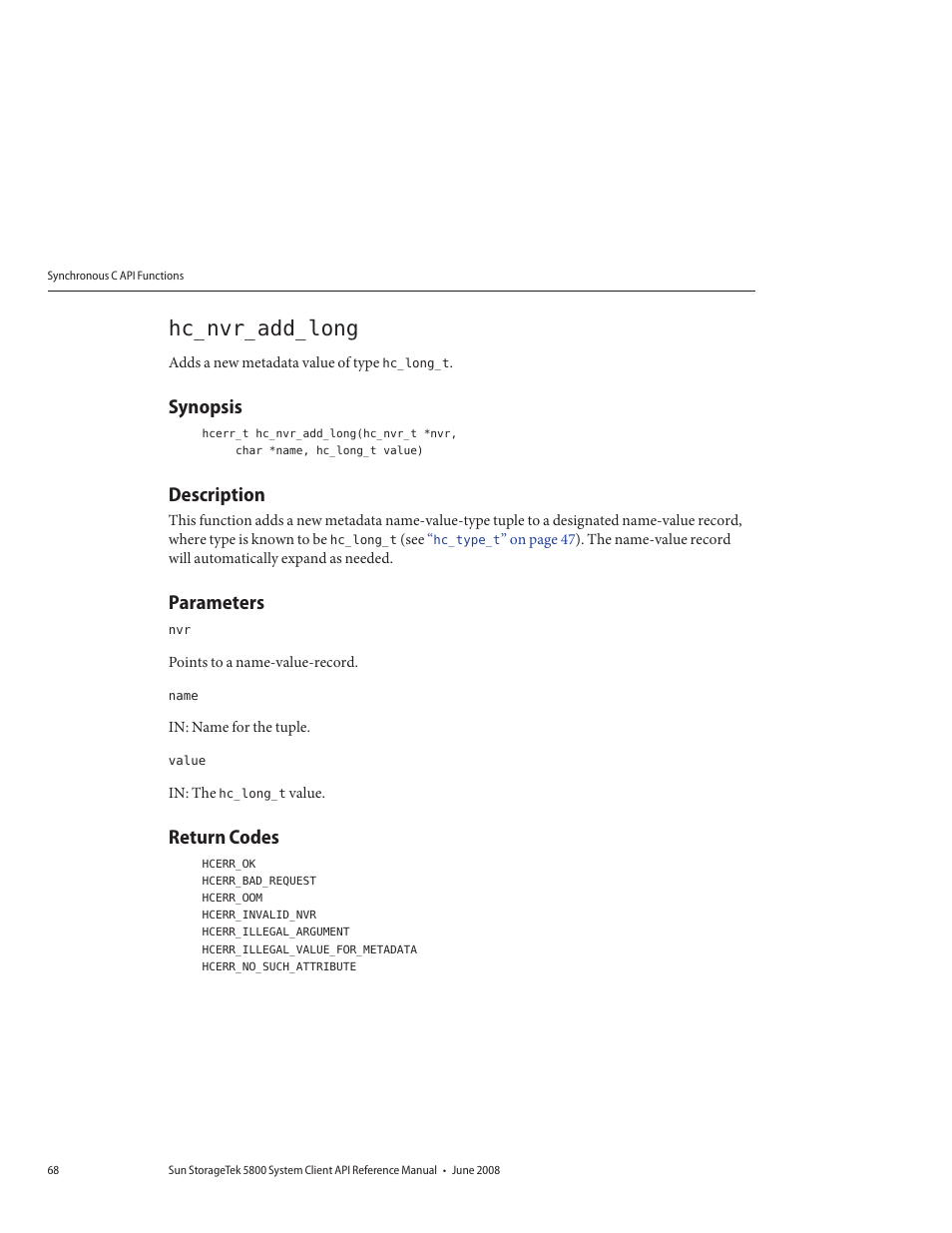 Hc_nvr_add_long, Synopsis, Description | Parameters, Return codes | Sun Microsystems Sun StorageTek 5800 User Manual | Page 68 / 136