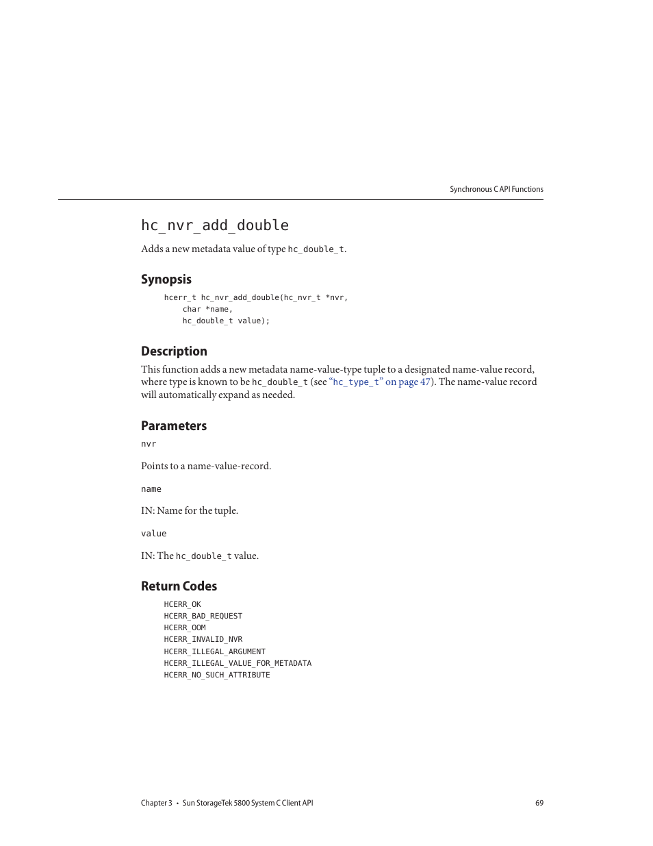 Hc_nvr_add_double, Synopsis, Description | Parameters, Return codes | Sun Microsystems Sun StorageTek 5800 User Manual | Page 69 / 136