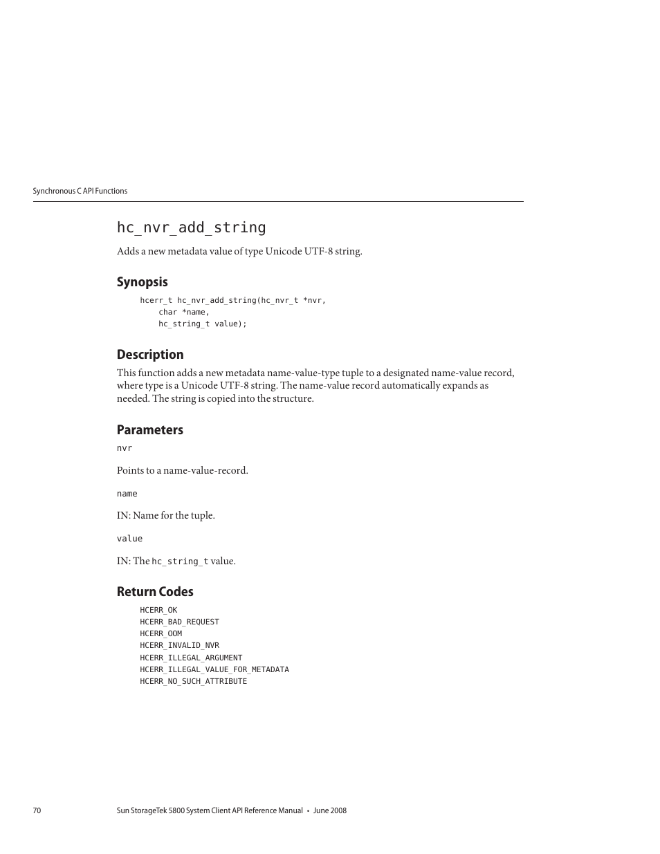 Hc_nvr_add_string, Synopsis, Description | Parameters, Return codes | Sun Microsystems Sun StorageTek 5800 User Manual | Page 70 / 136