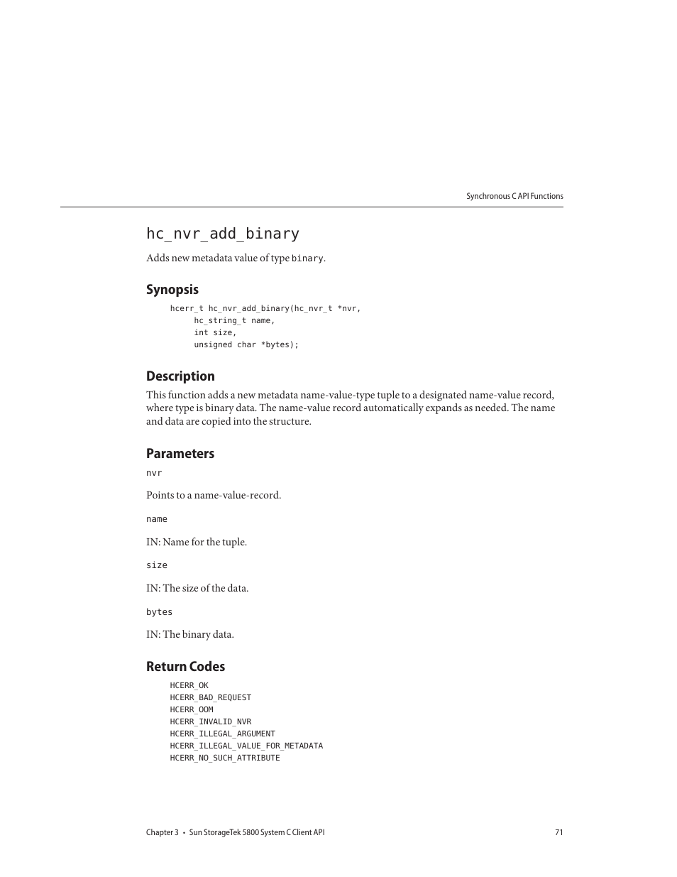 Hc_nvr_add_binary, Synopsis, Description | Parameters, Return codes | Sun Microsystems Sun StorageTek 5800 User Manual | Page 71 / 136