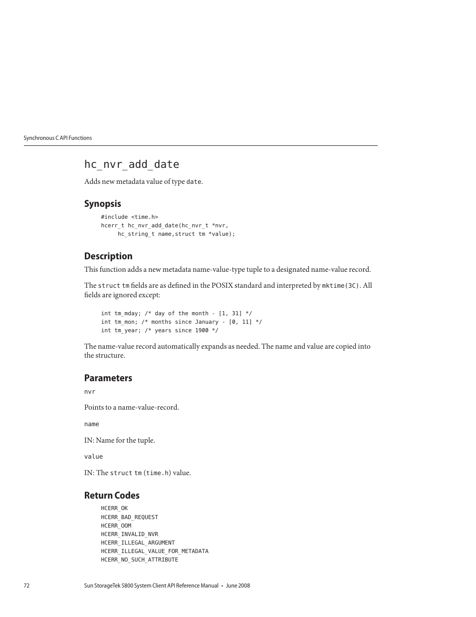 Hc_nvr_add_date, Synopsis, Description | Parameters, Return codes | Sun Microsystems Sun StorageTek 5800 User Manual | Page 72 / 136